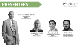 Micheal Burch FCPA, FCA, CFP
Managing Partner
Welch LLP
mburch@welchllp.com
Alexandre Lalonde
Bookkeeping Team Coordinator
Welch LLP
alalonde@welchllp.com
Kathy Steffan CPA, CA
Partner
Welch LLP Toronto
ksteffan@welchllp.com
Andrew Kent
Chief Operating Officer
Dominion City Brewing
andrew@dominioncity.ca
 