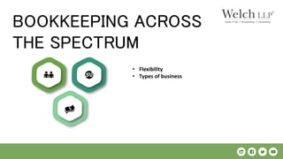 BOOKKEEPING ACROSS
THE SPECTRUM
• Flexibility
• Types of business
 