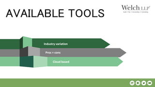 Industry variation
Pros + cons
Cloud based
AVAILABLE TOOLS
 