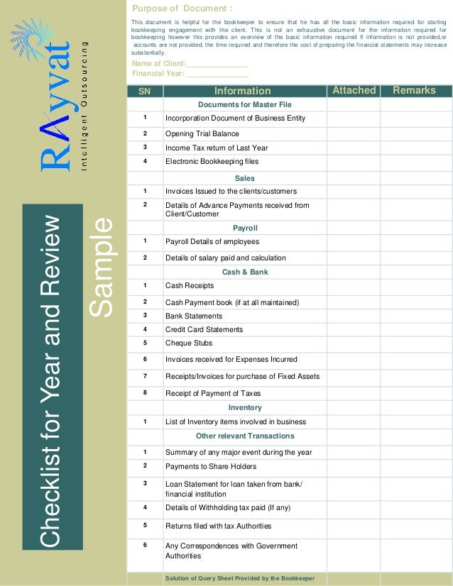 bookkeeping checklist sample sample of check list