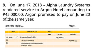 Journal Entry:
GENERAL JOURNAL PAGE 1
______________________________________________________________________________________________________________________________
___
DATE PARTICULARS POST.
REF. DEBIT CREDIT
19
20
21
June 17 Accounts Receivable
8. On June 17, 2018 – Alpha Laundry Systems
rendered service to Argon Hotel amounting to
P45,000.00. Argon promised to pay on June 20
of the same year.
45,000.00
Laundry Income 45,000.00
To record the service rendered
to Argon Hotel.
 