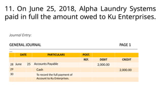 Journal Entry:
GENERAL JOURNAL PAGE 1
______________________________________________________________________________________________________________________________
___
DATE PARTICULARS POST.
REF. DEBIT CREDIT
28
29
30
June 25 Accounts Payable
11. On June 25, 2018, Alpha Laundry Systems
paid in full the amount owed to Ku Enterprises.
2,000.00
Cash 2,000.00
To record the full payment of
Account to Ku Enterprises.
 