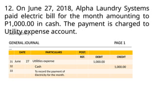 Journal Entry:
GENERAL JOURNAL PAGE 1
______________________________________________________________________________________________________________________________
___
DATE PARTICULARS POST.
REF. DEBIT CREDIT
31
32
33
June 27 Utilities expense
12. On June 27, 2018, Alpha Laundry Systems
paid electric bill for the month amounting to
P1,000.00 in cash. The payment is charged to
Utility expense account.
1,000.00
Cash 1,000.00
To record the payment of
Electricity for the month.
 
