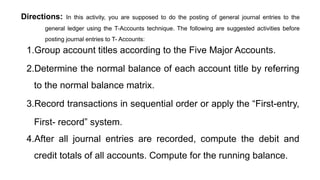 Directions: In this activity, you are supposed to do the posting of general journal entries to the
general ledger using the T-Accounts technique. The following are suggested activities before
posting journal entries to T- Accounts:
1.Group account titles according to the Five Major Accounts.
2.Determine the normal balance of each account title by referring
to the normal balance matrix.
3.Record transactions in sequential order or apply the “First-entry,
First- record” system.
4.After all journal entries are recorded, compute the debit and
credit totals of all accounts. Compute for the running balance.
 