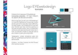 4. Site EYEwebdesign
Création d’un site internet vitrine commun
(Un ami et moi, nous avons créé notre propre site internet pour mettre
en ligne nos créations.)
Contraintes imposées : regroupement de deux styles différents
Eyewebdesign est un site vitrine que j’ai réalisé avec un ami. C’est un
site commun qui a pour but de mettre en valeur nos créations et nos
compétences. J’ai cherché à réunir deux styles différents (celui de mon
ami et le mien) sur un seul et même site afin de valoriser notre travail
commun. D’autre part, j’ai tenu à créer une partie intégration pour que
le site soit accessible aux smart-phones et aux tablettes.
Typographie : simple, « tendance » et sobre
	
Couleurs dominantes
 