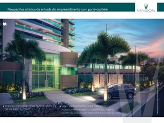 Perspectiva artística da entrada do empreendimento com porte-cochère
• hAll DE ENTrADA CoM TrANSFEr
(ACESSO PARA PAVIMENTO ELEVADO DE LAZER E
gUAriTA ElEVADA CoM JANElAS BliNDADAS E EClUSA)
• PorTE-CoChèrE CoM AMPlo rECUo
DA AV. MIGUEL DIAS.
Materialexclusivoparatreinamentodecorretores.
 