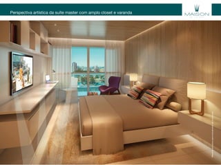 Perspectiva artística da suíte master com amplo closet e varanda
Materialexclusivoparatreinamentodecorretores.
 