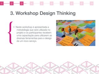 3. Workshop Design Thinking
{• Neste workshop é apresentada a
metodologia que será utilizada no
projeto e os participantes recebem
uma capacitação para utilizarem as
diversas ferramentas para o design
de um novo serviço.
1 2 3 4 5 6 7 8 9 10
 