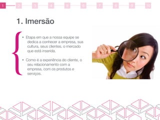 1. Imersão
{
• Etapa em que a nossa equipe se
dedica a conhecer a empresa, sua
cultura, seus clientes, o mercado
que está inserida.
• Como é a experiência do cliente, o
seu relacionamento com a
empresa, com os produtos e
serviços.
1 2 3 4 5 6 7 8 9 10
 