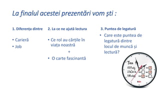 La finalul acestei prezent?ri vom ?ti :
1. Diferen?a dintre
? Carier?
? Job
2. La ce ne ajut? lectura
? Ce rol au c?r?ile ?n
via?a noastr?
+
? O carte fascinant?
3. Puntea de legatur?
? Care este puntea de
legatur? dintre
locul de munc? ?i
lectur??
 