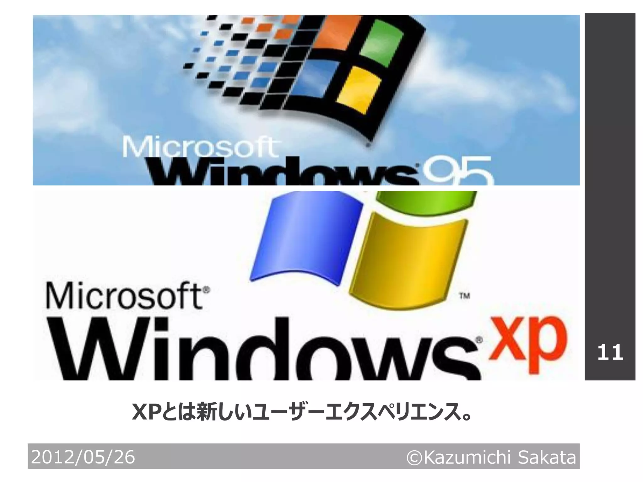 11

         XPとは新しいユーザーエクスペリエンス。

2012/05/26              ©Kazumichi Sakata
 