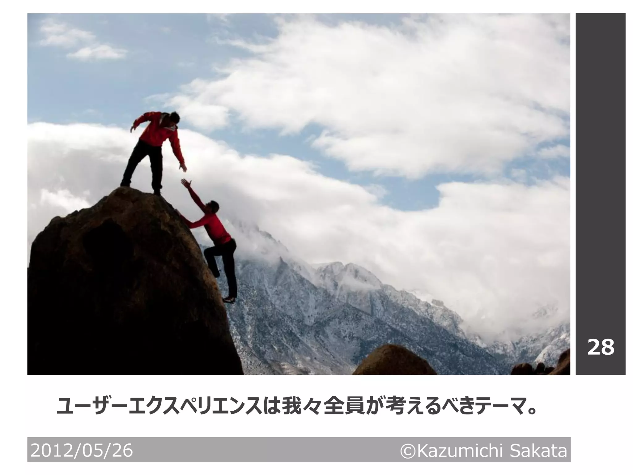28

  ユーザーエクスペリエンスは我々全員が考えるべきテーマ。

2012/05/26           ©Kazumichi Sakata
 
