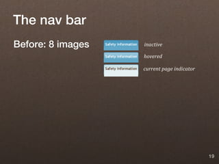 The nav bar
Before: 8 images   inactive

                   hovered

                   current page indicator




                                            19
 