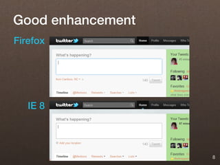 Good enhancement
Firefox




   IE 8




                   8
 