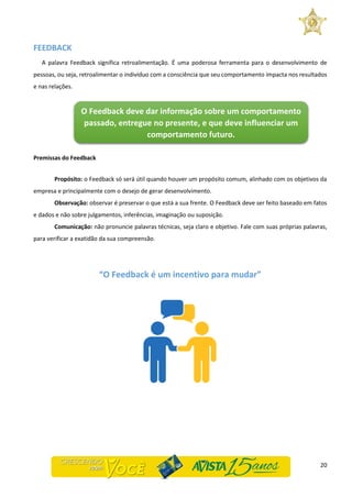 20
FEEDBACK
A palavra Feedback significa retroalimentação. É uma poderosa ferramenta para o desenvolvimento de
pessoas, ou seja, retroalimentar o indivíduo com a consciência que seu comportamento impacta nos resultados
e nas relações.
Premissas do Feedback
Propósito: o Feedback só será útil quando houver um propósito comum, alinhado com os objetivos da
empresa e principalmente com o desejo de gerar desenvolvimento.
Observação: observar é preservar o que está a sua frente. O Feedback deve ser feito baseado em fatos
e dados e não sobre julgamentos, inferências, imaginação ou suposição.
Comunicação: não pronuncie palavras técnicas, seja claro e objetivo. Fale com suas próprias palavras,
para verificar a exatidão da sua compreensão.
“O Feedback é um incentivo para mudar”
O Feedback deve dar informação sobre um comportamento
passado, entregue no presente, e que deve influenciar um
comportamento futuro.
 