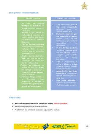 22
Dicas para dar e receber feedback:
IMPORTANTE!
 A crítica é sempre em particular, o elogio em público. Nunca o contrário.
 Não faça comparações com outro funcionário.
 Para facilitar, crie um roteiro para saber o que e como pontuar.
1. No início da conversa,
destaque as qualidades da
pessoa. Isso ajuda a quebrar a
resistência.
2. Ressalte o que precisa ser
melhorado. O foco deve ser o
comportamento que precisa
ser mudado, e não a identidade
da pessoa.
3. Faça um discurso equilibrado,
abordando pontos positivos e a
melhorar. Assim o outro,
mantém uma boa autoestima
ao receber críticas.
4. Escute o que o outro tem a
dizer, para que ele se sinta
confortável, em expor suas
dúvidas e dificuldades.
5. Discuta as mudanças que
podem ser adotadas, oriente
nas tarefas e, junto com o
funcionário, crie um plano para
atingir os objetivos.
6. No fim do diálogo, confirme se
as informações foram
entendidas e encoraje o
colaborador a aperfeiçoar-se e
assumir um compromisso.
COMO DAR FEEDBACK
1. Antes de receber o feedback,
faça uma autoavaliação,
refletindo sobre seu
comportamento atual.
2. Demonstre interesse pelo
que o avaliador tem a dizer,
mesmo que discorde.
Lembre-se de que essa é uma
oportunidade de
crescimento.
3. Se tiver dúvidas, questione.
Tenha uma conduta proativa,
buscando detalhes, fatos e
exemplos para entender
melhor os pontos
destacados.
4. Evite os mecanismos de
defesa e aceite as críticas
para que haja uma melhoria
em seu desempenho.
5. Aproveite dicas para traçar
novas metas e mantenha o
foco em resultados práticos e
concretos.
6. Peça novos feedbacks à
medida que quiser verificar a
eficácia de sua performance.
COMO RECEBER FEEDBACK
 