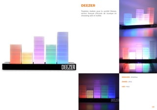 DEEZER
49
Trophées réalisés pour la société Deezer,
service français d’écoute de musique en
streaming web et mobile.
DESIGNER : leFabShop
ANNÉE : 2016
LIEU : Paris
 