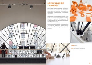 59
ANNÉE : 2014
LIEU : Le Pavillon de l’arsenal, Paris
LE PAVILLON DE
L’ARSENAL
En 2014, le FabShop à installé durant plus
d’un mois ses machines de fabrication
numériques au Pavillon de l’Arsenal, centre
d’exposition d’urbanisme et d’architecture
situé à Paris.
L’objectif fut d’accueillir aussi bien le grand
public que les professionnels et de leurs faire
découvrir le potentiel de l’impression 3D
et des machines de fabrication numérique
dans divers domaines.
Lesdémonstrationsdescan3D,d’impression
3D ou encore de découpe et gravure laser
furent mises à l’honneur, pour le bonheur de
visiteurs.
 