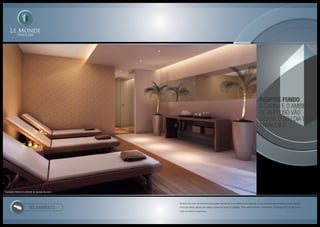 Respire fundo.
A sauna e o ambiente
de repouso vão
deixar o seu dia bem
tranqÜilo.
Se encontre com você sempre que puder. Na sauna ou no ambiente de repouso, você vai poder experimentar a oportunidade
única de relaxar depois de malhar e antes de voltar ao trabalho. Todo esse conforto, certamente, vai lhe garantir um dia muito
mais produtivo e prazeroso.
relaxamento
Ilustração artística do ambiente de repouso da sauna
 