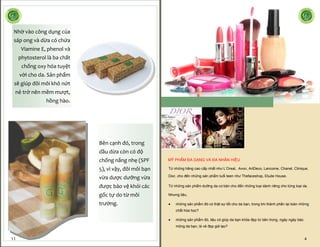 Bên cạnh đó, trong
dầu dừa còn có độ
chống nắng nhẹ (SPF
5), vì vậy, đôi môi bạn
vừa dược dưỡng vừa
được bảo vệ khỏi các
gốc tự do từ môi
trường.
Nhờ vào công dụng của
sáp ong và dừa có chứa
Viamine E, phenol và
phytosterol là ba chất
chống oxy hóa tuyệt
vời cho da. Sản phẩm
sẽ giúp đôi môi khô nứt
nẻ trở nên mềm mượt,
hồng hào.
11
Từ những hãng cao cấp nhất như L’Oreal, Avon, ArtDeco, Lancome, Chanel, Clinique,
Dior, cho đến những sản phẩm tuổi teen như Thefaceshop, Etude House.
Từ những sản phẩm dưỡng da cơ bản cho đến những loại dành riêng cho từng loại da.
Nhưng liệu,
 những sản phẩm đó có thật sự tốt cho da bạn, trong khi thành phần lại toàn những
chất hóa học?
 những sản phẩm đó, liệu có giúp da bạn khỏe đẹp từ bên trong, ngày ngày bào
mỏng da bạn, là vẻ đẹp giả tạo?
MỸ PHẨM ĐA DẠNG VÀ ĐA NHÃN HIỆU
4
 