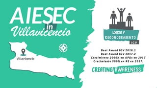 in
Villavicencio
AIESEC LOGROSY
R EC ONO CIMIENTO
i GV
B ea t A wa r d I G V 2 0 1 8 . 1
B ea t A wa r d I G V 2 0 1 7 . 2
C r ec i mi ent o 2 0 0 0 % en A PDs en 2 0 1 7
C r ec i mi ent o 9 0 0 % en R E en 2 0 1 7 .
Villavicencio
 