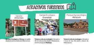 ATRACTIVOS TURÍSTICOS
Campo Ecológico
Gramalote
Vereda
ElCarmen
ParqueAgroecológico
Merecure
Sendero Ecológico y Hiking con salida
desdeelcentrourbanodeVillavicencio.
Turismocultural yecólogico.Ubicado a
30 minutos en bus desde Villavicencio,
enelmunicipiodeRestrepo.
Turismocultural yecólogico.Ubicado a
1 hora en bus del centro urbano de
Villavicencio.
 