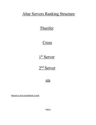 Altar Servers Ranking Structure
Thurifer
Cross
1st
Server
2nd
Server
Alk
Novice is not considered a rank
Page 2
 