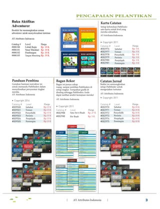 Buku Aktifitas
Adventurer
Booklet Ini rnernungkinkan sernua
adventurer untuk rnenyelesaikan tuntutan
AY Attributes Indonesia
Catalog#
#008100
#008101
#008102
#008103
Level Harga
Lebah Rajin Rp. 10 K
Sinar Matahari Rp. 10 K
Pernbangun Rp. 10 K
Tangan Menolong Rp. 10 K
Panduan Pembina
Gunakan bantuan instruktur ini
untuk rnernandu Pathfinders dalarn
rnenyelesaikan persyaratan tingkat
rnereka.
AY Attributes Indonesia
• Copyright 2014
Catalog #
#009500
#009501
#009502
#009503
#009504
#009505
Level
Sahabat
Ternan
Penyelidik
Perintis
Penjelajah
Pernirnpin
Harga
Rp.lS K
Rp.lS K
Rp.lS K
Rp.l5 K
Rp.l5 K
Rp.l5 K
PENCAPAlAN PELANTIKAN
Bagan Rekor
Bagan ini punya cukup
ruang sarnpai sernbilan Pathfinders di
setiap tingkat. Ternpatkan grafik di
dinding sehingga Pathfinders Anda
dapat rnelihat sendiri kernajuan rnereka!
AY Attributes Indonesia
• Copyright 2011
Catalog # Level
#002988 Satu Set 6 Buah
#002988 Per Buah
Harga
Rp. 27 K
Rp. SK
Kartu Catatan
Setiap kebutuhan Pathfinder
satu kartu untuk level yang
rnereka selesaikan.
AY Attributesindonesia
• Copyright 2011
Catalog #
#002976
#002977
#002978
#002979
#002980
#002981
Level
Sahabat
Ternan
Penyelidik
Perintis
Penjelajah
Pernirnpin
Catatan Jurnal
Buklet ini rnernungkinkan
setiap Pathfinder untuk
rnengerjakan tuntutan
AY Attributes Indonesia
• Copyright 2011
Catalog # Level
#002970 Sahabat
#002971 Ternan
#002972 Penyelidik
#002973 Perintis
#002974 Penjelajah
#002975 Pernirnpin
Harga
Rp. SK
Rp. 5 K
Rp. SK
Rp. SK
Rp. SK
Rp. SK
Harga
Rp.lO K
Rp.lO K
Rp.lO K
Rp.lO K
Rp.lO K
Rp.lO K
- +628998114446 AY Attributes Indonesia 3
 