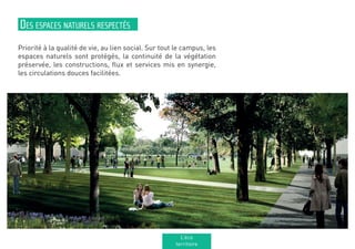 Priorité à la qualité de vie, au lien social. Sur tout le campus, les
espaces naturels sont protégés, la continuité de la végétation
préservée, les constructions, flux et services mis en synergie,
les circulations douces facilitées.
Des espaces naturels respectés
L’éco
territoire
 