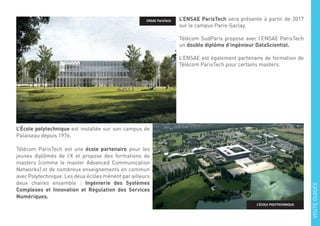 L’ENSAE ParisTech sera présente à partir de 2017
sur le campus Paris-Saclay.
Télécom SudParis propose avec l’ENSAE ParisTech
un double diplôme d’ingénieur DataScientist.
L’ENSAE est également partenaire de formation de
Télécom ParisTech pour certains masters.
L’École polytechnique est installée sur son campus de
Palaiseau depuis 1976.
Télécom ParisTech est une école partenaire pour les
jeunes diplômés de l’X et propose des formations de
masters (comme le master Advanced Communication
Networks) et de nombreux enseignements en commun
avec Polytechnique. Les deux écoles mènent par ailleurs
deux chaires ensemble : Ingénierie des Systèmes
Complexes et Innovation et Régulation des Services
Numériques.
ENSAE ParisTech
L’ÉCOLE POLYTECHNIQUE
VISITEGUIDÉE
 