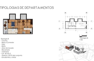 PRODUCEDBYANAUTODESKSTUDENTVERSION
4.3
0 1 3
Tipología B
1:50
1.8161
2.0000
1.3198
2.0000
1.8000
8.9358
2.63781.6797
A B
1
2
BA
2
1
A B
PRODUCEDBYANAUTODESKSTUDENTVERSION
PRODUCEDBYANAUTODESKSTUDENTVERSION
Tipologia B
- Cocina
- Barra /Comedor
- Sala
- Baño
- Area de lavado
- Recamara
- 3 terrazas
= 25- 36 mts 2
- Terreno 3 20 % del conjunto
- Estudiantes y visitas
Tipologias de departamentos
 