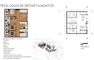 Tipologia D (diseño inclusivo)
- Cocina
- Barra
-Comedor
- Sala
-2 Baños
- Area de lavado
- 3 Recamaras
- 4 terrazas
= 120 mts 2
- Terreno 3 20 % del conjunto
- Personas de la tercera edad, estudiantes,
y un cuidador o familiares
4.4319
1.4243
3.1438
3.15223.07242.83822.8271
11.8000
Tipología D
1:50
0 1 3
9.0000
A B
1
2
BA
2
1
PRODUCEDBYANAUTODESKSTUDENTVERSION
PRODUCEDBYANAUTODESKSTUDENTVERSION
Tipologias de departamentos
 