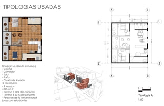 Tipologias usadas
Tipologia A (diseño inclusivo )
- Cocina
- Comedor
- Sala
- Baño
- Cuarto de lavado
-2 recamaras
- 3 terrazas
= 90 mts 2
- Terreno 1 10% del conjunto
- Terreno 3 20 % del conjunto
- Personas de la tercera edad
junto con estudiantes
4.4205
1.4322
3.1473
9.0000
10.0000
3.34413.11633.5395
10.0000
9.0000
Tipología A
1:50
0 1 3
A B
A B
1
22
1
PRODUCEDBYANAUTODESKSTUDENTVERSION
 