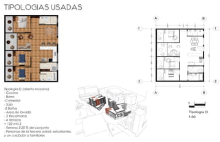 Tipologia D (diseño inclusivo)
- Cocina
- Barra
-Comedor
- Sala
-2 Baños
- Area de lavado
- 3 Recamaras
- 4 terrazas
= 120 mts 2
- Terreno 3 20 % del conjunto
- Personas de la tercera edad, estudiantes,
y un cuidador o familiares
4.4319
1.4243
3.1438
3.15223.07242.83822.8271
11.8000
Tipología D
1:50
0 1 3
9.0000
A B
1
2
BA
2
1
PRODUCEDBYANAUTODESKSTUDENTVERSION
PRODUCEDBYANAUTODESKSTUDENTVERSION
Tipologias usadas
 