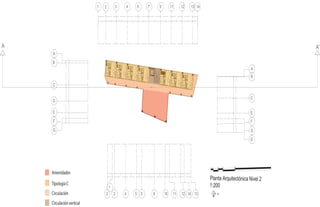 NPT +4.5 m
S
B
NPT + 0.20 m
NPT + 1.8 m
NPT + 3 m
1 2 3 4 5 7 9 11 12 13 14
2 3 4 5 6 8
A
B
C
D
E
G
A
B
C
E
F
G
D
F
11 12 14 13
1
10
0 1 3 5 10
Planta Arquitectónica Nivel 2
1:200
N
34.8214
3.0101
4.5765
4.5180
2.1615
5.2457
4.6244
1.7832
4.5169
1.5401
2.8099
15.6719
0.05216.00154.25801.52691.33252.5319
41.3992
3.2025
4.3289
4.5724
4.5823
4.4217
4.8732
4.4169
4.6288
4.2784
2.1842
17.4519
6.14340.57494.53523.38201.53951.3671
A A'
Amenidades
TipologíaC
Circulación
Circulaciónvertical
 