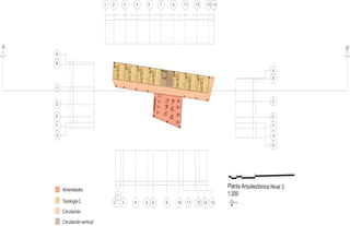 1 2 3 4 5 7 9 11 12 13 14
2 3 4 5 6 8
A
B
C
D
E
G
A
B
C
E
F
G
D
F
11 12 14 13
1
10
0 1 3 5 10
3leviNacinótcetiuqrAatnalP
1:200
N
34.8214
3.0101
4.5765
4.5180
2.1615
5.2457
4.6244
1.7832
4.5169
1.5401
2.8099
15.6719
0.05216.00154.25801.52691.33252.5319
41.3992
3.2025
4.3289
4.5724
4.5823
4.4217
4.8732
4.4169
4.6288
4.2784
2.1842
17.4519
6.14340.57494.53523.38201.53951.3671
NPT +7.7 m
S
B
NPT + 0.20 m
NPT + 1.8 m
NPT + 3 m
A A'
Amenidades
TipologíaC
Circulación
Circulaciónvertical
 