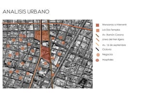 Analisis urbano
Manzanas a intervenir
Los Dos Templos
Av. Ramón Corona
Linea del tren ligero
Av. 16 de septiembre
Ciclovia
Negocios
Hospitales
 
