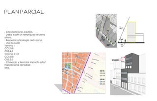 Plan parcial
- Construcciones a paño.
- Debe existir un retranqueo a cierta
altura.
- Respetar la tipología de la zona.
- Uso de suelo
Terreno 1
COS:0.8
CUS:4.8
Terreno 2 y 3
COS:0.8
CUS:3.0
- Comercio y Servicios Impacto Alto/
Habitacional densidad
alta.
 