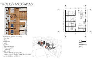 Tipologia D (diseño inclusivo)
- Cocina
- Barra
-Comedor
- Sala
-2 Baños
- Area de lavado
- 3 Recamaras
- 4 terrazas
= 120 mts 2
- Terreno 3 20 % del conjunto
- Personas de la tercera edad, estudiantes,
y un cuidador o familiares
4.4319
1.4243
3.1438
3.15223.07242.83822.8271
11.8000
Tipología D
1:50
0 1 3
9.0000
A B
1
2
BA
2
1
PRODUCEDBYANAUTODESKSTUDENTVERSION
PRODUCEDBYANAUTODESKSTUDENTVERSION
Tipologias USADAS
 