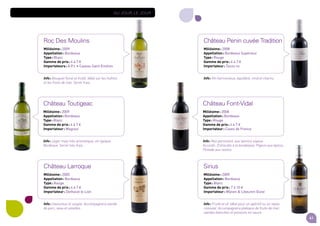 41
Au jour le jour
Château Font-Vidal
Millésime : 2008
Appellation : Bordeaux
Type : Rouge
Gamme de prix : 4 à 7 e
Importateur : Caves de France
Info : Nez persistant, aux tannins soyeux.
Accords : Entrecôte à la bordelaise, Pigeon aux épices,
Pintade aux raisins.
Château Penin cuvée Tradition
Millésime : 2008
Appellation : Bordeaux Supérieur
Type : Rouge
Gamme de prix : 4 à 7 e
Importateur : Tacos nv
Info : Vin harmonieux, équilibré, rond et charnu.
Sirius
Millésime : 2009
Appellation : Bordeaux
Type : Blanc
Gamme de prix : 7 à 10 e
Importateur : Wijnen  Likeuren Dulst
Info : Fruité et vif. Idéal pour un apéritif ou un repas
convivial. Accompagnera plateaux de fruits de mer,
viandes blanches et poissons en sauce.
Château Toutigeac
Millésime : 2009
Appellation : Bordeaux
Type : Blanc
Gamme de prix : 4 à 7 e
Importateur : Magnus
Info : Léger mais très aromatique, vin typique
Bordeaux. Servir très frais.
Roc Des Moulins
Millésime : 2009
Appellation : Bordeaux
Type : Blanc
Gamme de prix : 4 à 7 e
Importateurs : A.P.I. • Caveau Saint Emilion
Info : Bouquet floral et fruité. Idéal sur les huîtres
et les fruits de mer. Servir frais.
Château Larroque
Millésime : 2005
Appellation : Bordeaux
Type : Rouge
Gamme de prix : 4 à 7 e
Importateur : Delhaize le Lion
Info : Savoureux et souple. Accompagnera viande
de porc, veau et volailles.
 