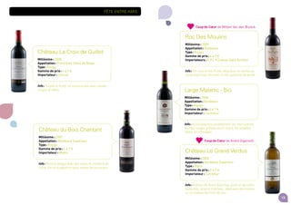 13
Fête entre amis
Château La Croix de Guillot
Millésime : 2008
Appellation : Premières Côtes de Blaye
Type : Rouge
Gamme de prix : 4 à 7 e
Importateur : Colruyt
Info : Souple et fruité. Se mariera bien avec viandes
rouges et rôties.
Château du Bois Chantant
Millésime : 2007
Appellation : Bordeaux Supérieur
Type : Rouge
Gamme de prix : 4 à 7 e
Importateur : Makro
Info : Bouche longue avec des notes de confiture de
mûre. Un vin à apprécier pour toutes les occasions.
Large Malartic - Bio
Millésime : 2008
Appellation : Bordeaux
Type : Rouge
Gamme de prix : 4 à 7 e
Importateur : Carrefour
Info : Accompagnera parfaitement les charcuteries,
viandes rouges grillées ou en sauce, les volailles
rôties, les fromages.
Roc Des Moulins
Millésime : 2009
Appellation : Bordeaux
Type : Rouge
Gamme de prix : 4 à 7 e
Importateurs : A.P.I. • Caveau Saint Emilion
Info : Vin frais et très fruité, idéal pour un barbecue.
Servir bien frais. Vin avec un bon potentiel de garde.
Château Le Grand Verdus
Millésime : 2008
Appellation : Bordeaux Supérieur
Type : Blanc
Gamme de prix : 4 à 7 e
Importateur : Carrefour
Info : Arômes de fleurs blanches, poire et agrumes.
Séduction, éclat et fraîcheur, idéal avec des huitres
ou un plateau de fruits de mer.
Coup de Cœur de Willem Van den Broeck.
Coup de Cœur de André Gigantelli.
 