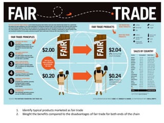 1.   Identify typical products marketed as fair trade
2.   Weight the benefits compared to the disadvantages of fair trade for both ends of the chain
 