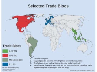 1.   Define trading bloc
2.   Suggest possible benefits of trading blocs for member countries
3.   To what extent can trading blocs undermine global free trade?
4.   Identify some flows which are typically not permitted under most free trade
     agreements (refer to examples from the map)
 