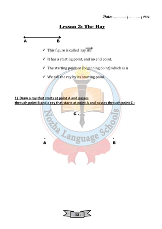 Date: ………… / ……….. / 2014 
Lesson 3: The Ray 
- 11115555 - 
A B 
 This figure is called ray AB 
 It has a starting point, and no end point. 
 The starting point or (beginning point) which is A 
 We call the ray by its starting point. 
1) Draw a ray that starts at point A and passes 
through point B and a ray that starts at point A and passes through point C : 
C . 
. . 
A B 
 