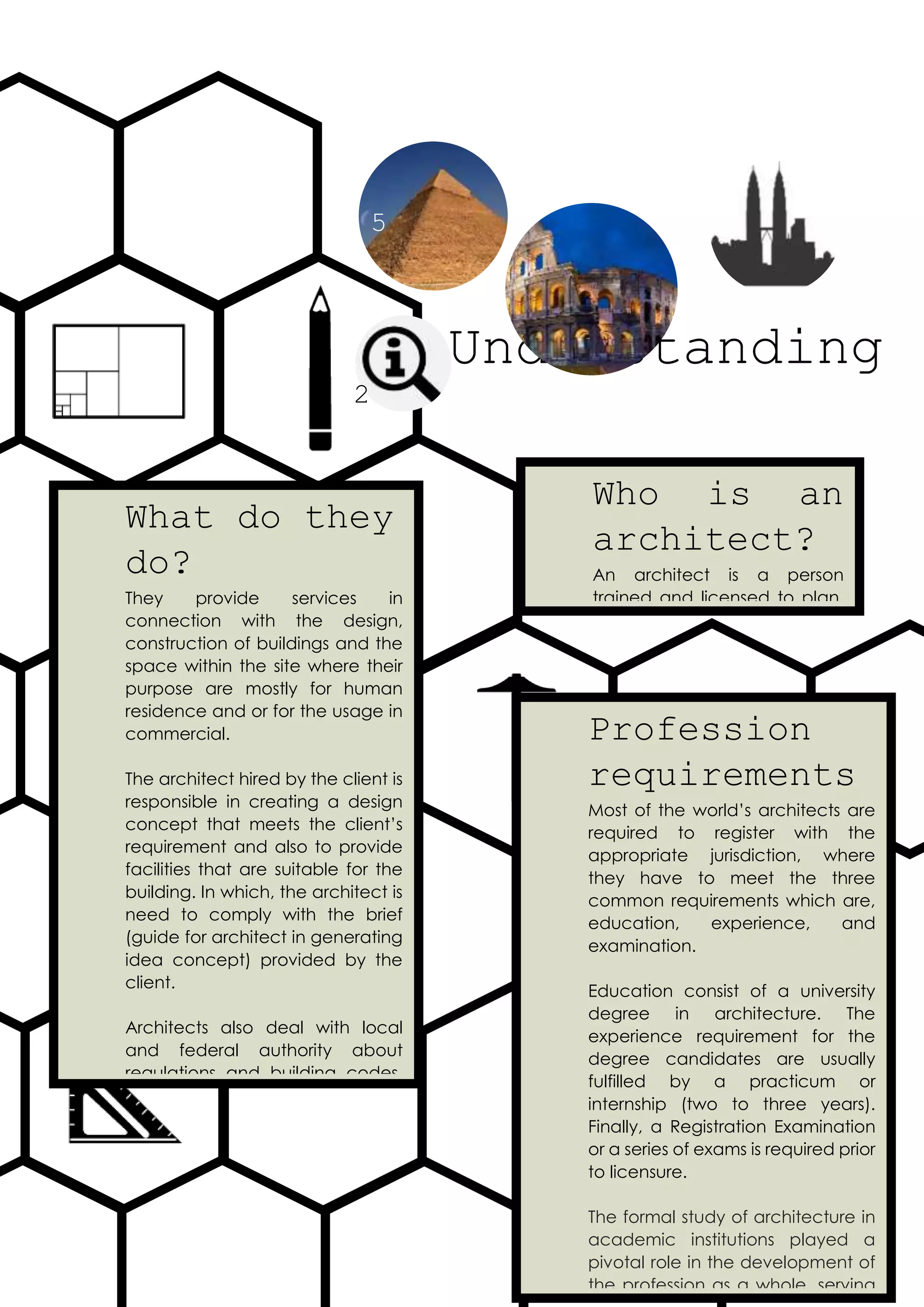 Profession
requirements
Most of the world’s architects are
required to register with the
appropriate jurisdiction, where
they have to meet the three
common requirements which are,
education, experience, and
examination.
Education consist of a university
degree in architecture. The
experience requirement for the
degree candidates are usually
fulfilled by a practicum or
internship (two to three years).
Finally, a Registration Examination
or a series of exams is required prior
to licensure.
The formal study of architecture in
academic institutions played a
pivotal role in the development of
the profession as a whole, serving
Understanding
an architect.
Who is an
architect?
An architect is a person
trained and licensed to plan,
design, and oversee the
construction of buildings.
What do they
do?
They provide services in
connection with the design,
construction of buildings and the
space within the site where their
purpose are mostly for human
residence and or for the usage in
commercial.
The architect hired by the client is
responsible in creating a design
concept that meets the client’s
requirement and also to provide
facilities that are suitable for the
building. In which, the architect is
need to comply with the brief
(guide for architect in generating
idea concept) provided by the
client.
Architects also deal with local
and federal authority about
regulations and building codes,
such as, the local planning, land
use, height limitation, and etc.
3
5
2
 
