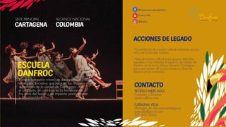 ACCIONES DE LEGADO
SEDE PRINCIPAL ALCANCE NACIONAL
CARTAGENA COLOMBIA
*Contratación de muestra cultural realizada por los
niños de la Escuela Danfroc.
*Ruta de turismo cultural para grupos reducidos
que lleve a los visitantes al espacio de trabajo de
Danfroc en el barrio Olaya Herrera, Cartagena
para que asistan allí a una muestra y clase de
danza con la compañía.
@corporacionculturaldanfroc
Danfroc Kids
@danfroc
CONTACTO
TEÓFILO MERCADO
Fundador y Director
danfroc@live.com
CATALINA VELA
Manager de alianzas estratégicas
gatavela@gmail.com
320 857 6562
Primera compañía infantil de danza afrocolombiana
en el país. Iniciativa que nace en los rincones más
vulnerables de la ciudad de Cartagena, con
el propósito de contribuir en la formación de
los niños del barrio y de impactar positivamente
a la comunidad.
ESCUELA
DANFROC
 