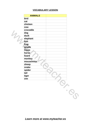 Learn more at www.myteacher.es
VOCABULARY LESSON
ANIMALS
zoo
bird
cat
chicken
cow
crocodile
dog
duck
elephant
fish
frog
giraffe
hippo
horse
lizard
monkey
mouse/mice
sheep
snake
spider
tail
tiger
w
w
w
.
m
y
t
e
a
c
h
e
r
.
e
s
 