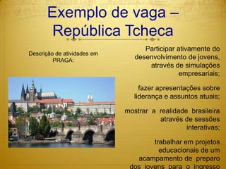Exemplo de vaga – República TchecaParticipar ativamente do desenvolvimento de jovens, através de simulações empresariais;fazer apresentações sobre liderança e assuntos atuais;mostrar  a  realidade  brasileira  através de sessões interativas;trabalhar em projetos educacionais de um acampamento de  preparo dos  jovens  para  o  ingresso  na  universidade.Descrição de atividades em PRAGA: