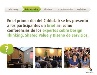 discovery   interpretation   ideation   experimentation   evolution




En el primer día del CirkloLab se les presentó
a los participantes un brief así como
conferencias de los expertos sobre Design
Thinking, Shared Value y Diseño de Servicios.
 