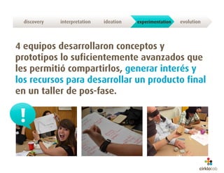discovery   interpretation   ideation   experimentation   evolution




4 equipos desarrollaron conceptos y
prototipos lo suficientemente avanzados que
les permitió compartirlos, generar interés y
los recursos para desarrollar un producto final
en un taller de pos-fase.
 